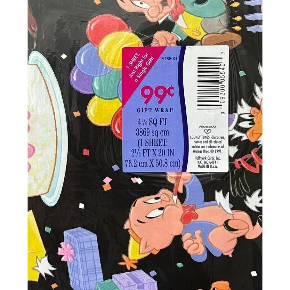 VTG 90s Looney Tunes Bugs Bunny Happy Birthday Gift Wrap NEW 4 1/6 SQ FT Warner